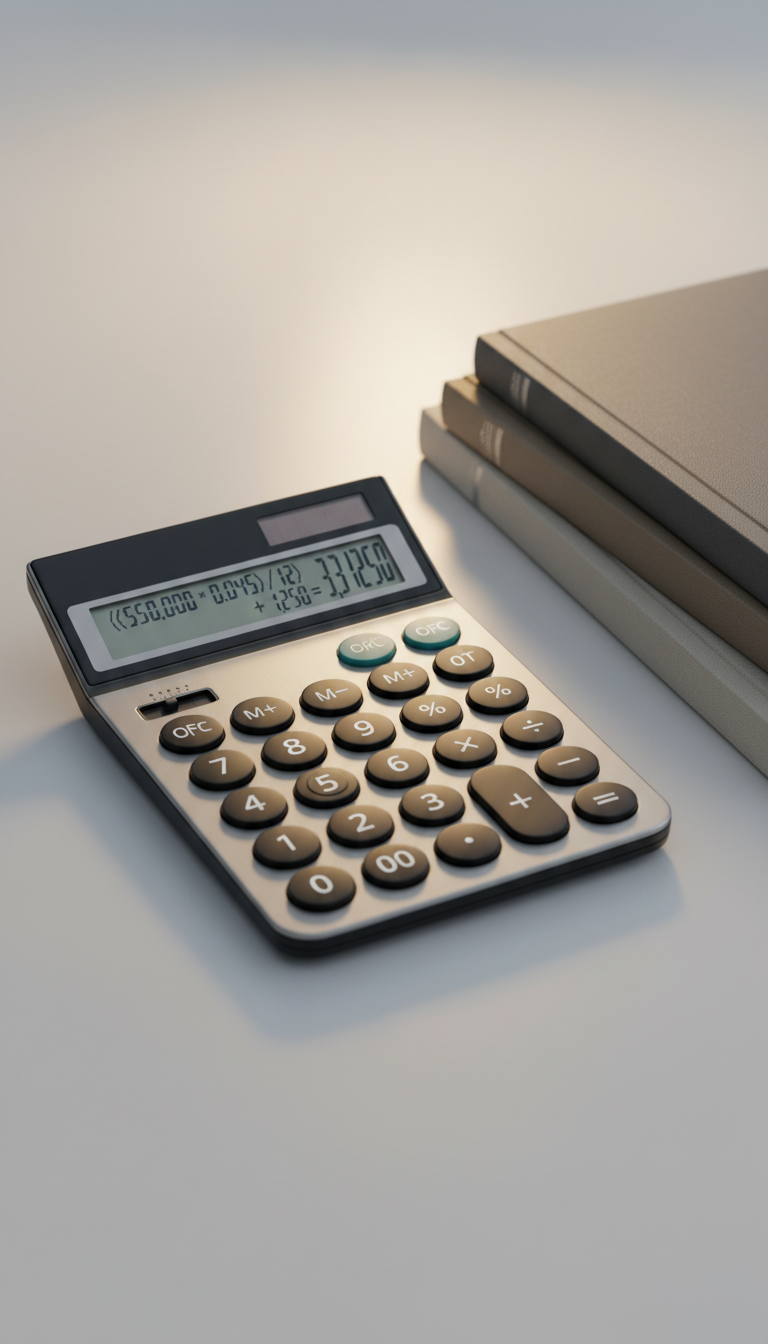 A close-up view of a modern wireless calculator with matte black keys and a brushed steel frame, precisely centered on a pristine light grey tabletop. The display shows a complex financial calculation, and beside it, a neatly stacked set of neutral-toned accounting ledgers with subtle texture. Warm overhead studio lighting creates soft reflections on the calculator’s metal trim and gentle shadows around the ledgers, giving a sense of clarity and focus. The composition uses a shallow depth of field to blur the background, drawing attention to the calculator’s tactile details. The overall mood is orderly and efficient, aligning with a photographic, corporate visual style ideal for a professional accountancy news site.