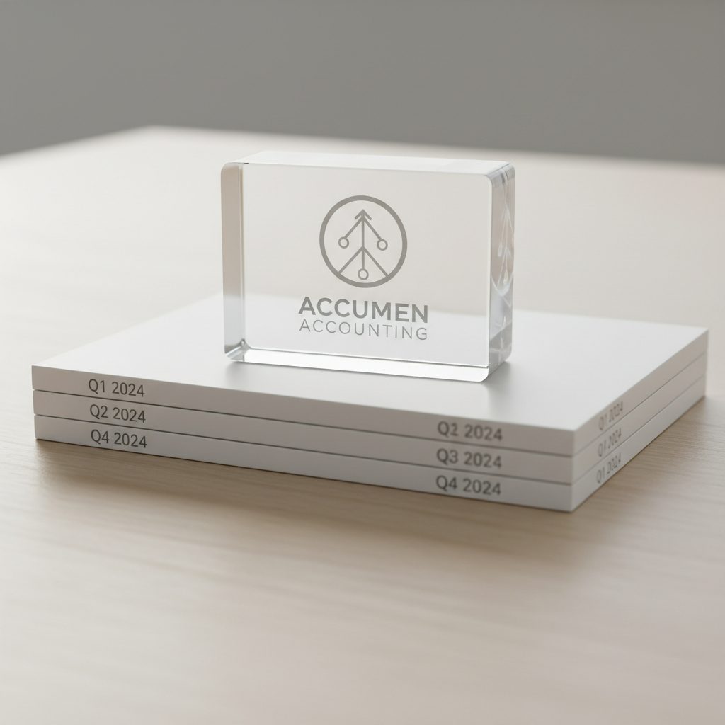 A transparent acrylic block paperweight engraved with a modern abstract accountancy logo, positioned precisely atop a balanced stack of quarterly financial reports bound in smooth, pearl-white covers with sharp, clean edges. The scene is set on a light oat-colored wood table, with the faint reflection of the paperweight visible on the polished surface. Gentle, overcast daylight creates a soft halo effect around the acrylic, with nuanced highlights on the engraved lines and gentle, diffuse shadows. The composition is tightly framed, shot from a low, frontal angle to emphasize transparency and detail. The mood is refined, understated, and professional, using a structured, minimalist photographic approach appropriate for an expert accounting insights blog.